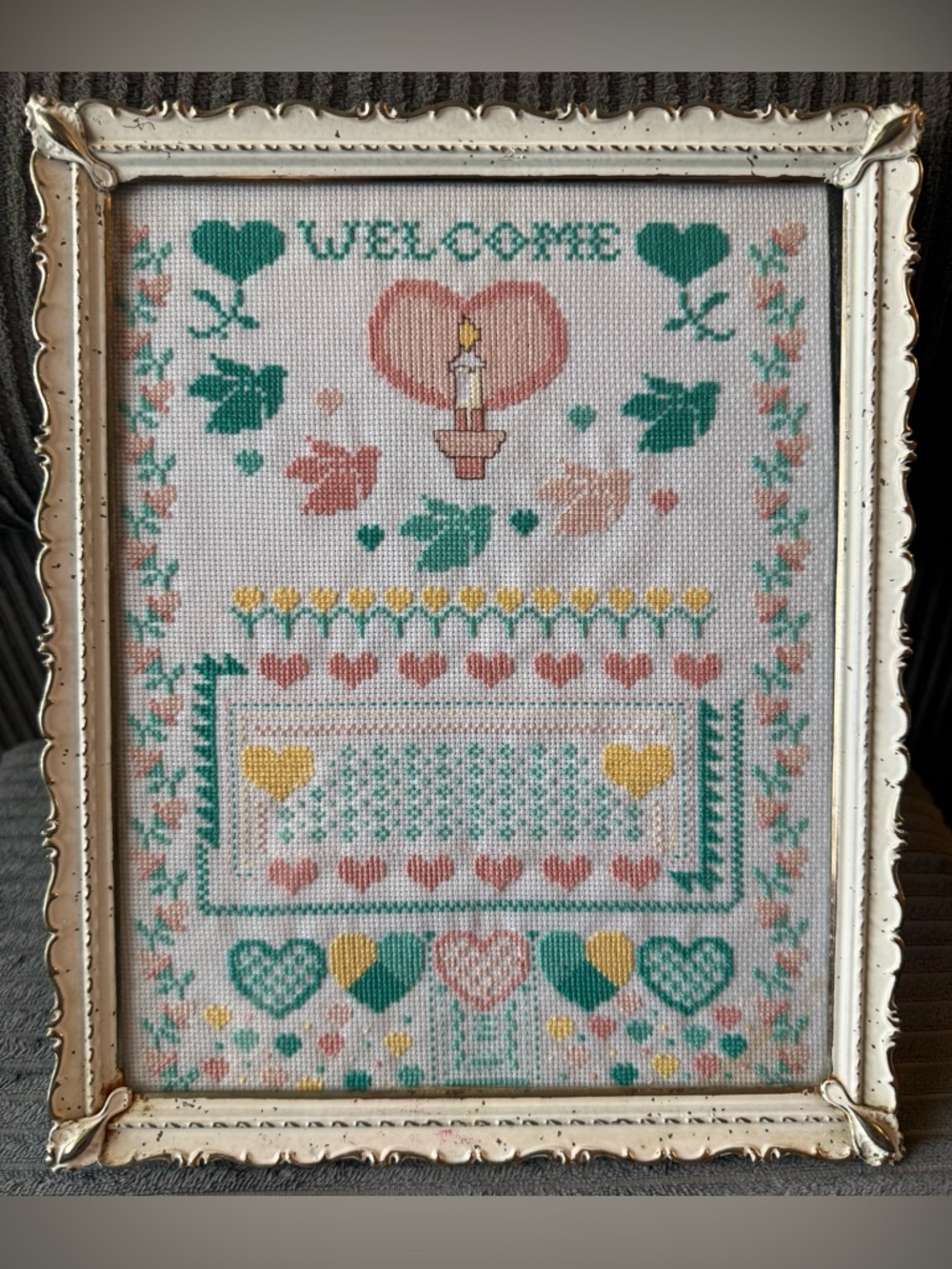 Vintage Home Art Cross Stitch Multicolor Welcome Home Hearts Framed